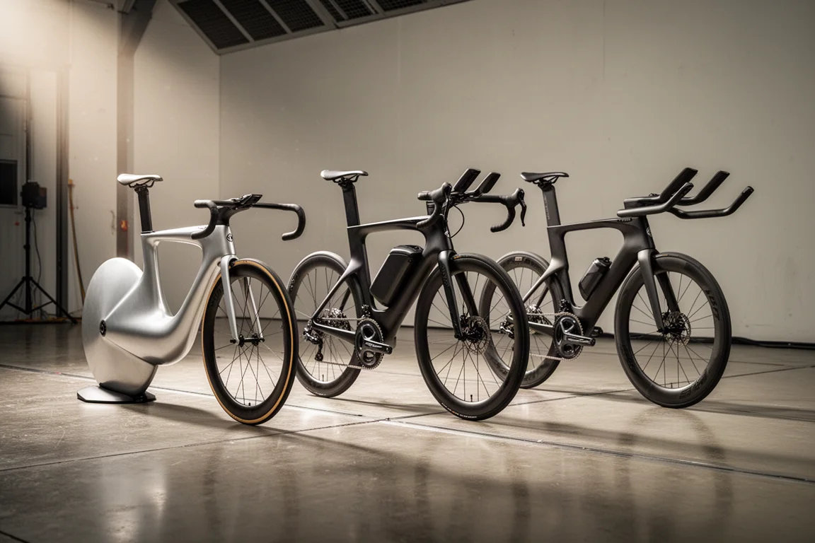 Drie aerodynamische fietsen naast elkaar op een betonnen vloer in een windtunnelhal