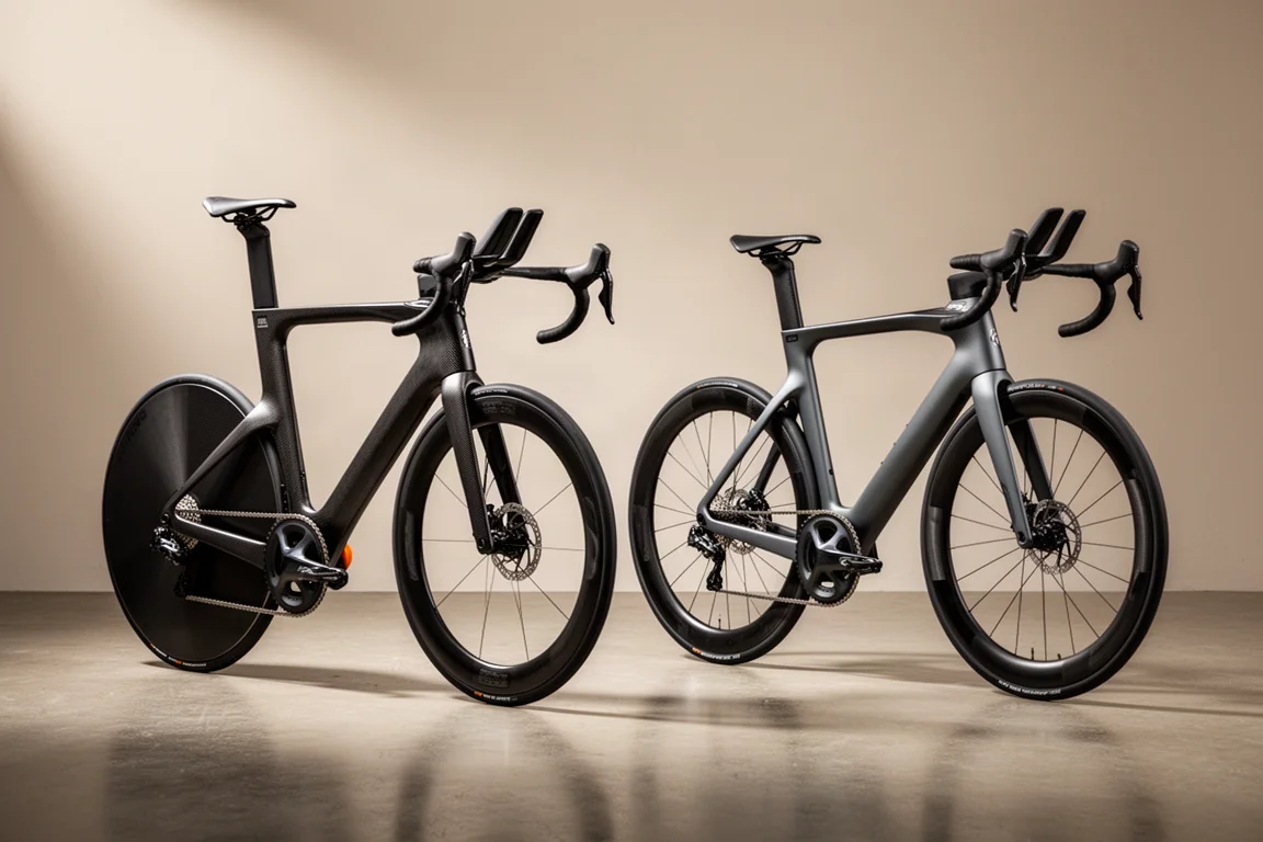 Vintage-Carbon-Beam-Rahmen-Zeitfahrrad neben einem modernen Aero-Rennrad auf Betonboden