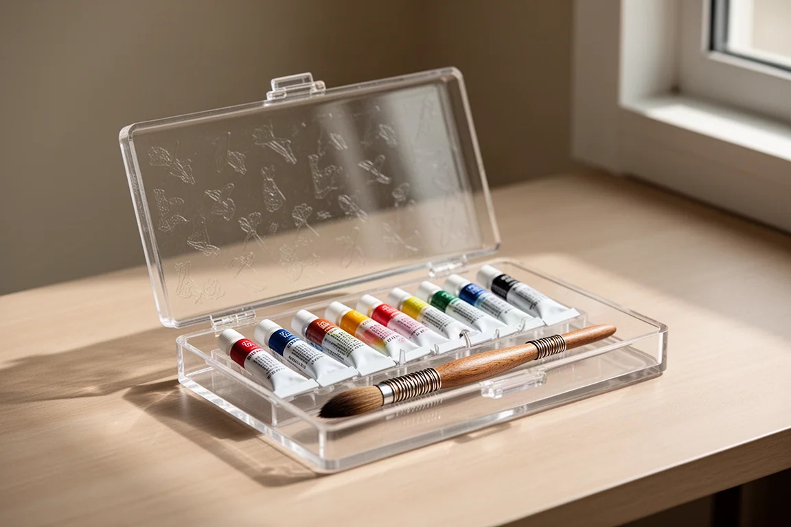 Maleta de aquarela em acrílico transparente com dez bisnagas de tinta e um pincel de madeira aberta sobre uma mesa