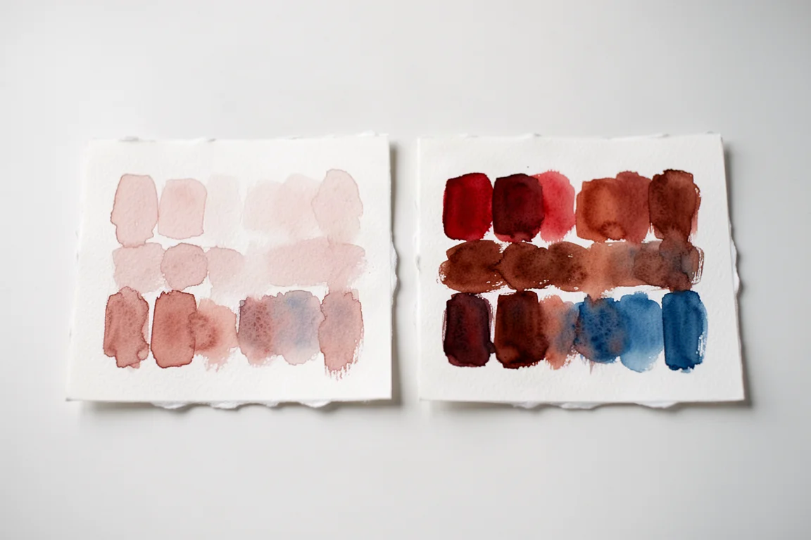 Amostras de aquarela nas mesmas cores pintadas em duas folhas de papel lado a lado