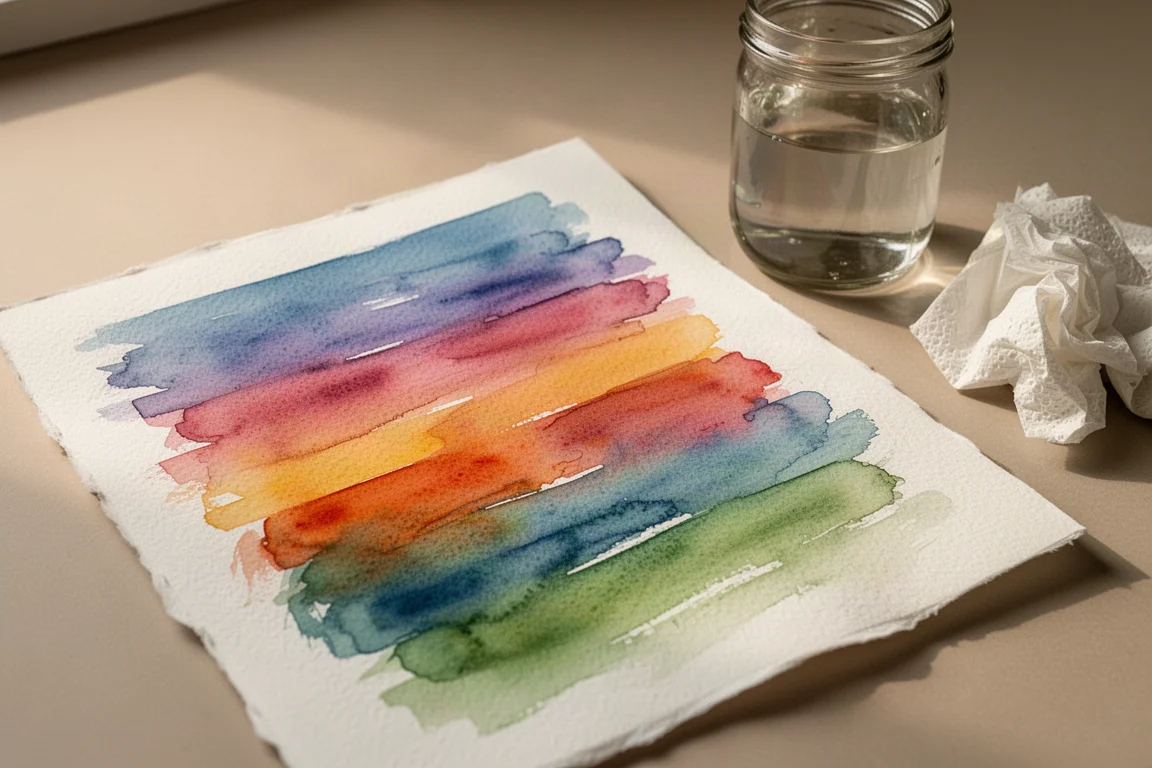 Mão pintando camadas de aquarela sobre papel na luz quente da tarde