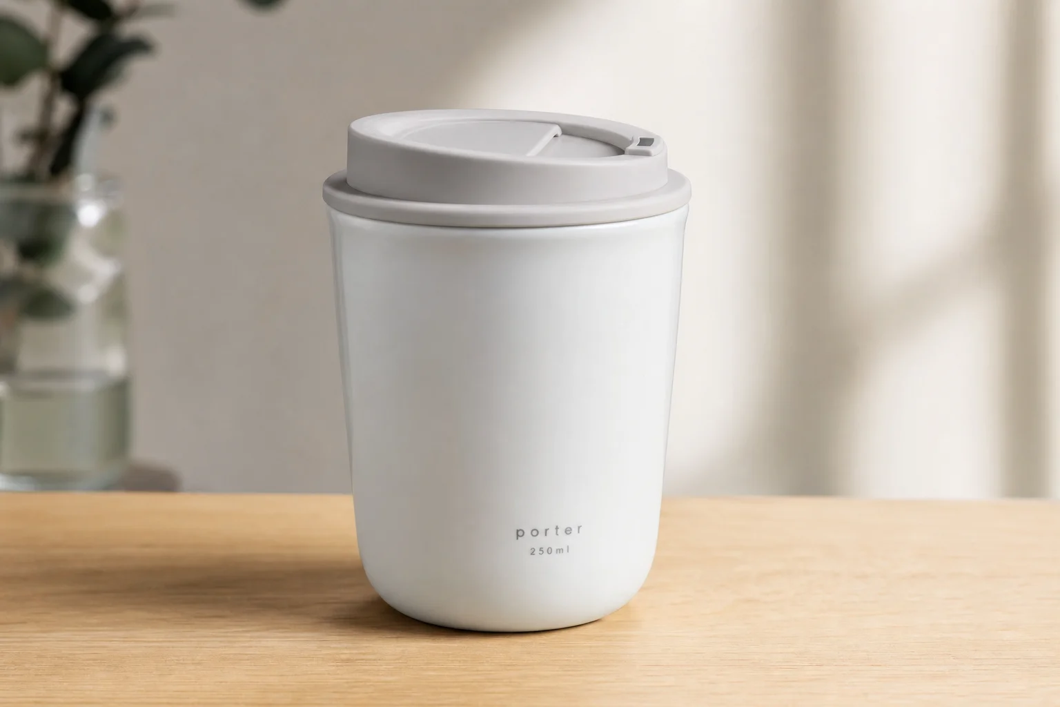 Acht wiederverwendbare Kaffeebecher auf einer Betonoberfläche, die eine Vielfalt an Materialien und Designs zeigen