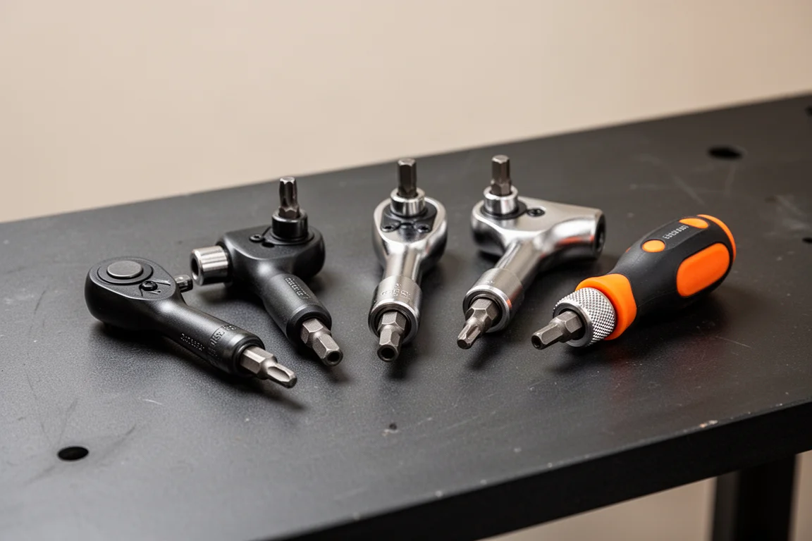 Five compact low-profile ratcheting bit drivers arranged on a dark workbench