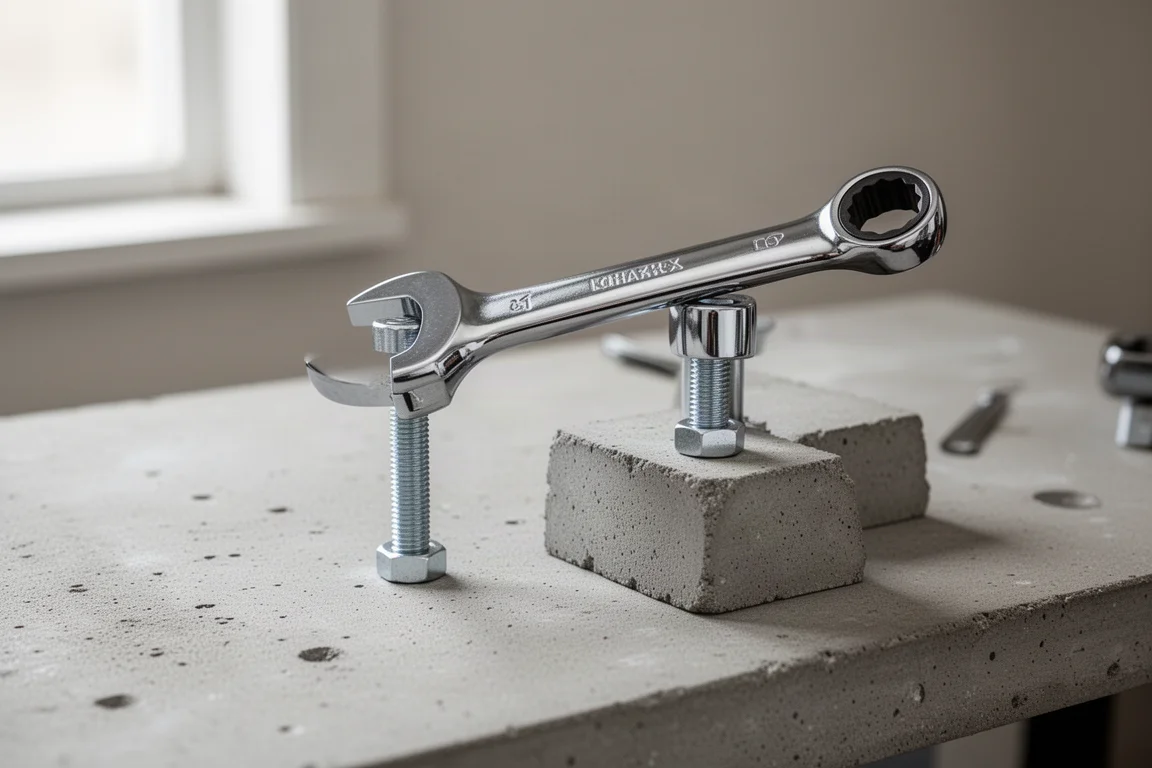 Een dubbele ringratelsleutel met offset die over een obstakel op een bevestiging glijdt