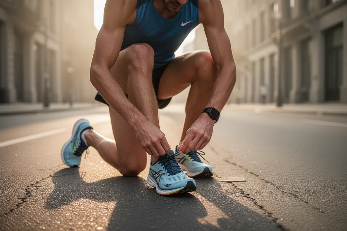 Runner lacing up lightweight racing shoes before a fast road session