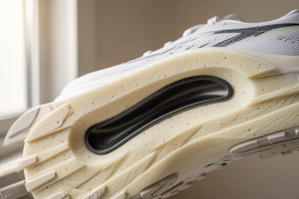 Close-up of a scooped carbon plate inside a racing shoe midsole