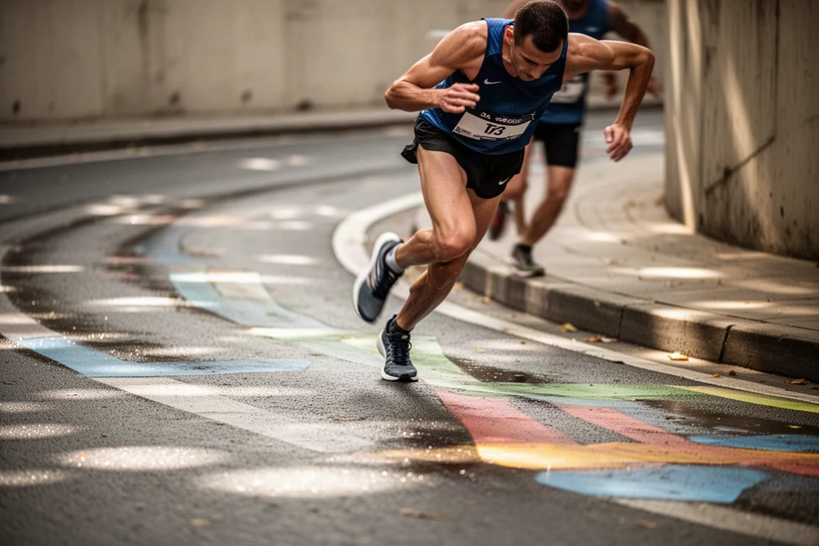 Runner taking a tight corner at speed on a twisty urban road course