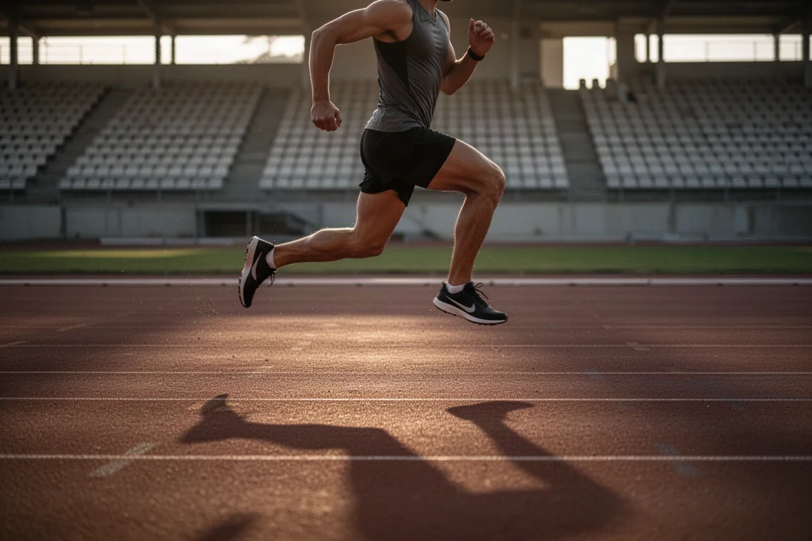 Runner finishing hard reps on a track in low evening light