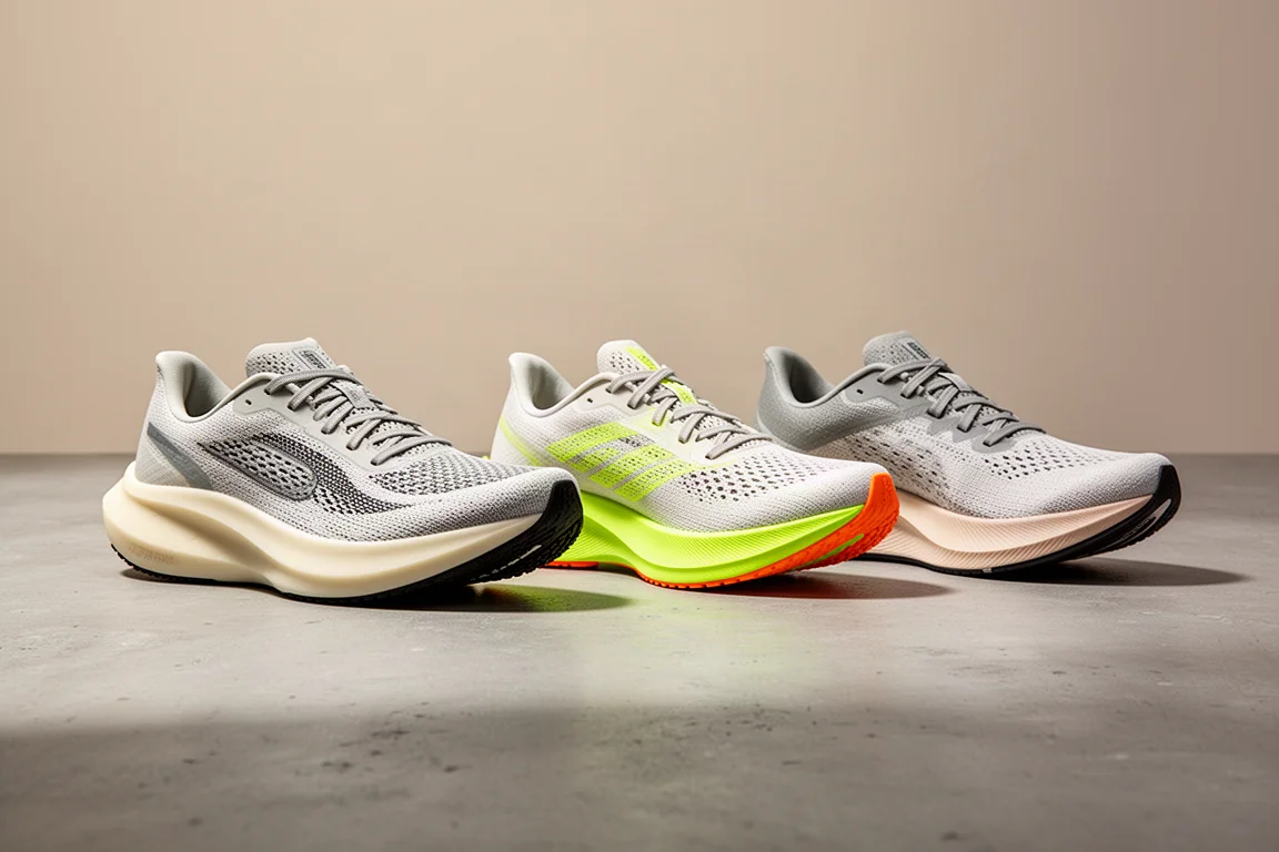 Three lightweight racing shoes side by side on a concrete surface