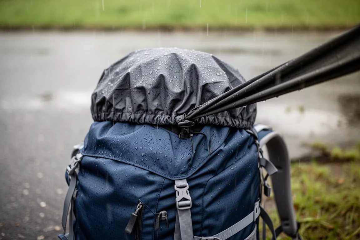 Regenhoes wordt bij nat weer over de onderkant van een rugzak getrokken