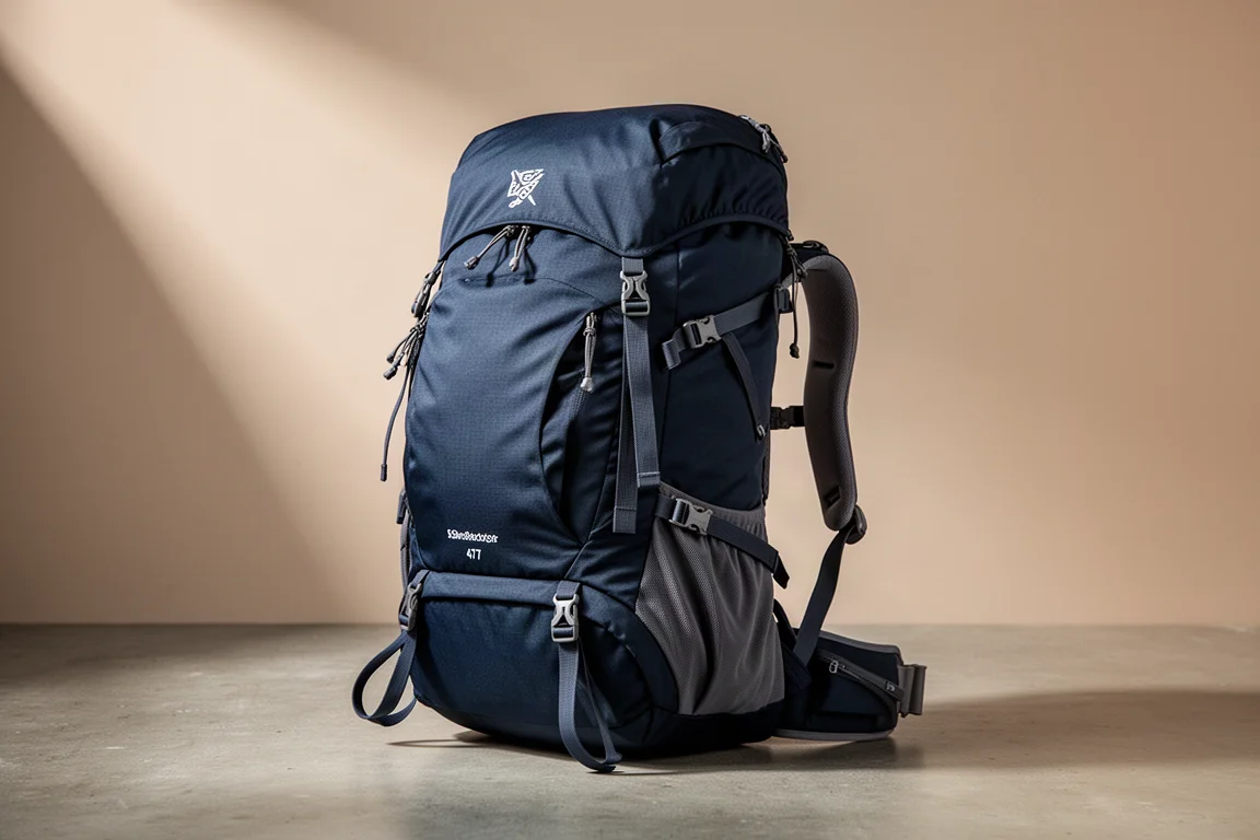 Navy 47 litre hiking rucksack with floating lid and hip belt on a concrete surface