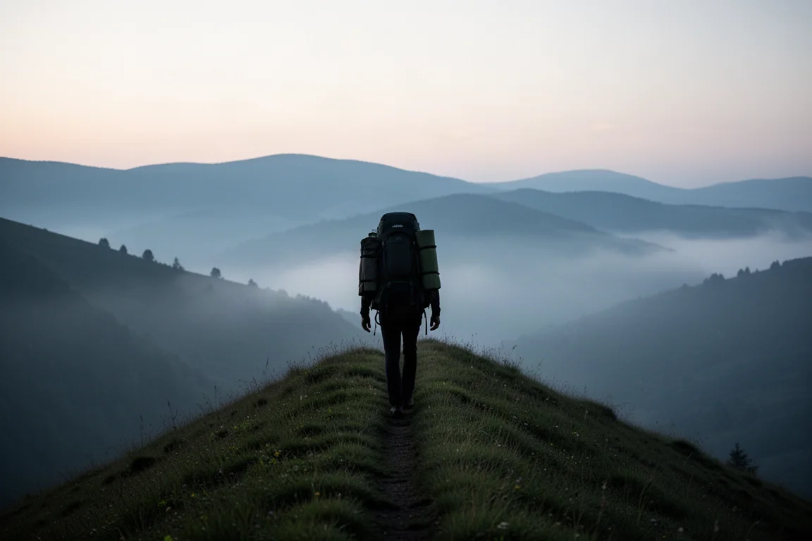 Wanderer mit bepacktem Rucksack auf einem Berggrat im Morgengrauen