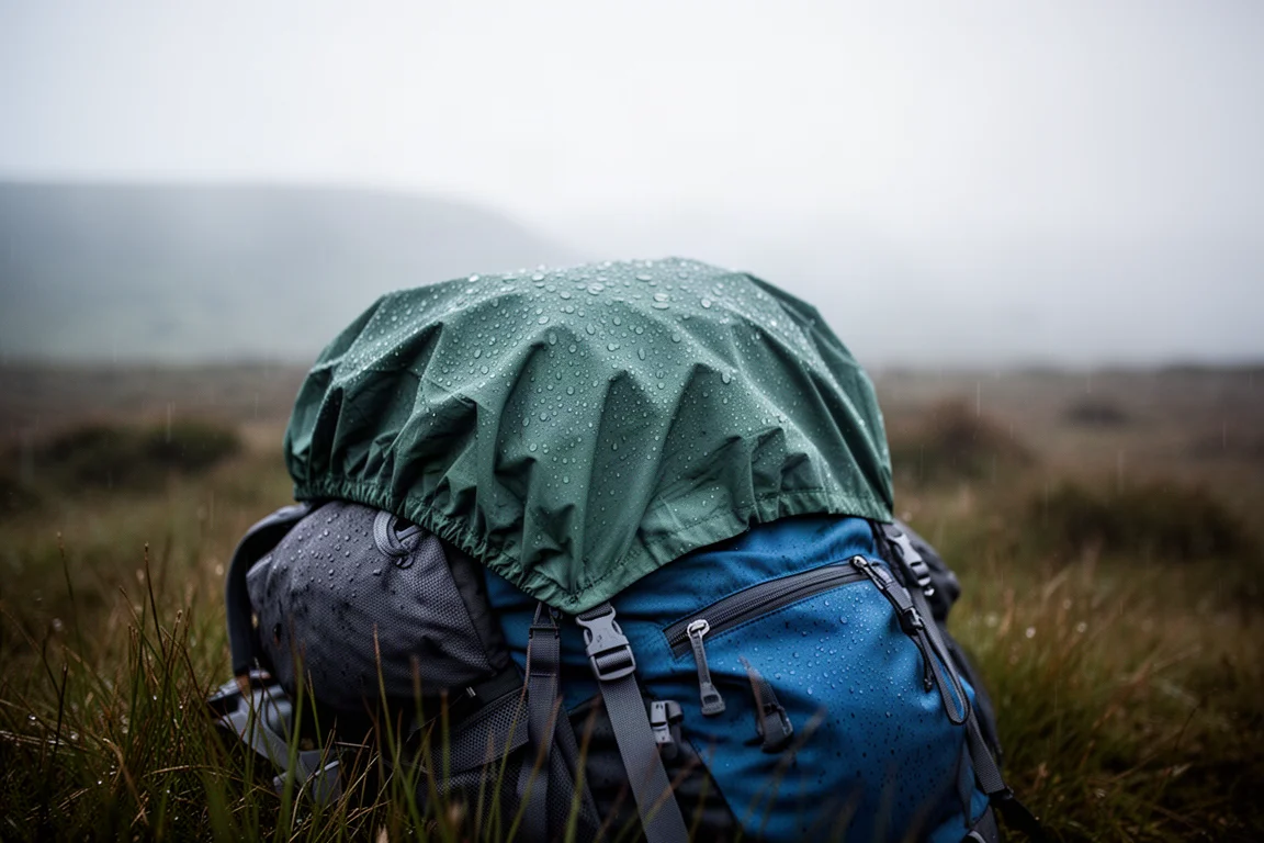 Regenhülle über einem Rucksack auf nassem Moor gras bei Nieselregen