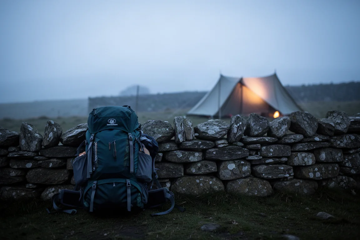 Bepackter Rucksack lehnt an einer Steinmauer auf einem Campingplatz in der Dämmerung