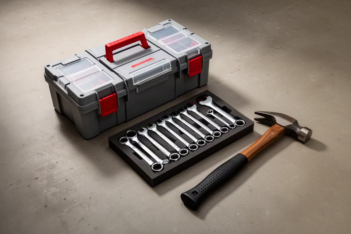 Cordless power tools and a mechanics tool set arranged on a concrete workshop floor