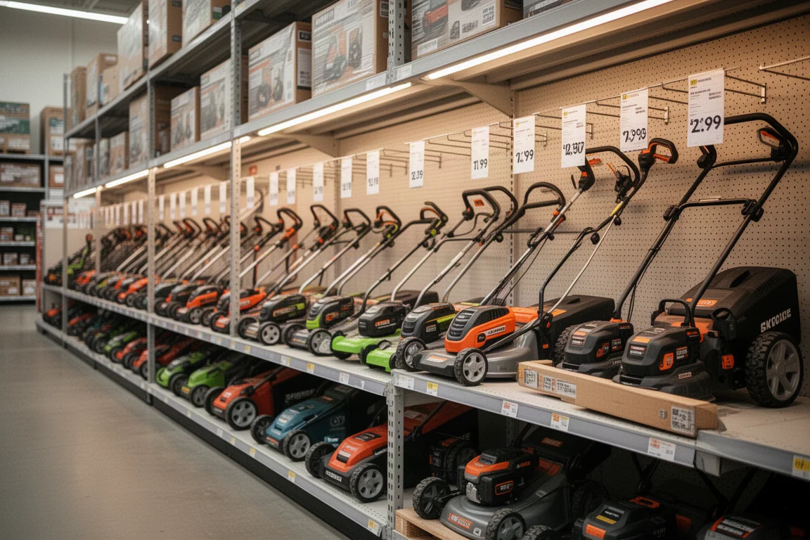 Reparto di attrezzi elettrici da esterno in un grande negozio di bricolage