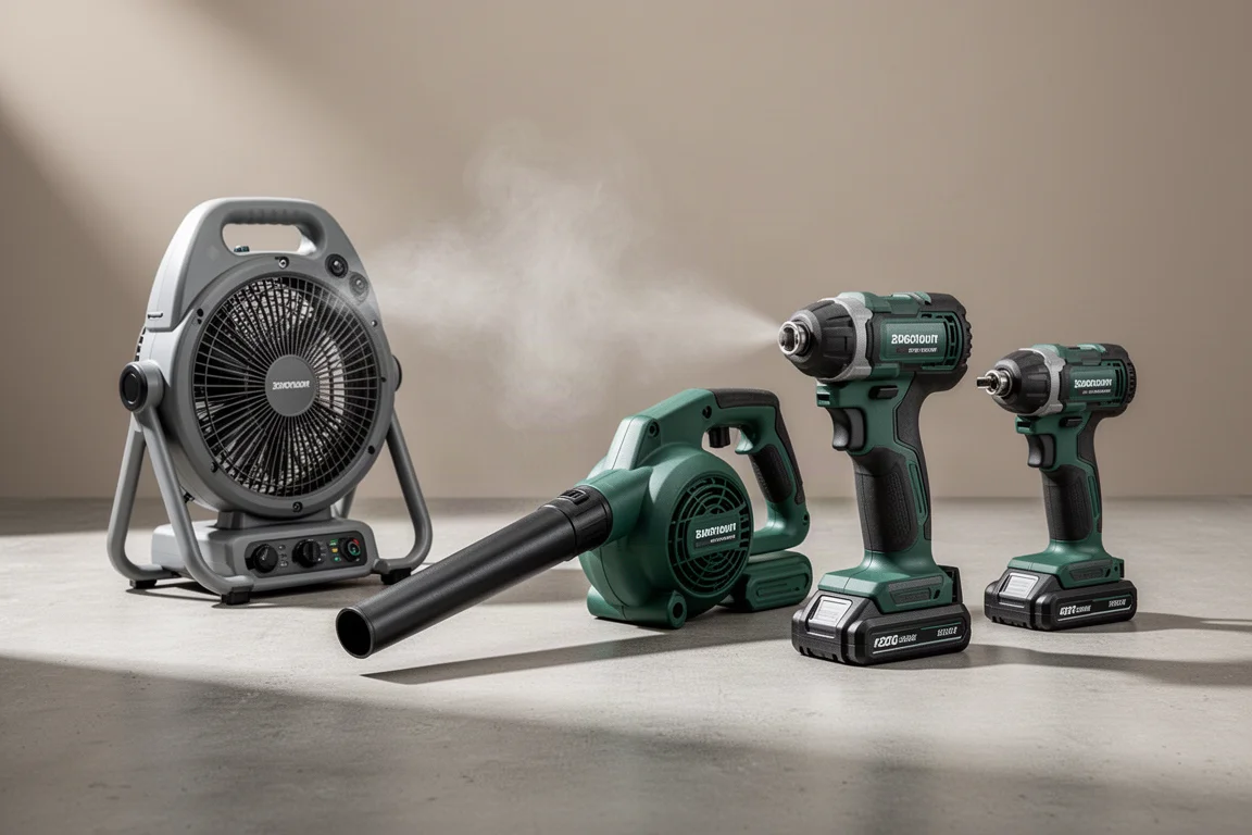 Assorted cordless outdoor power tools arranged on a concrete surface
