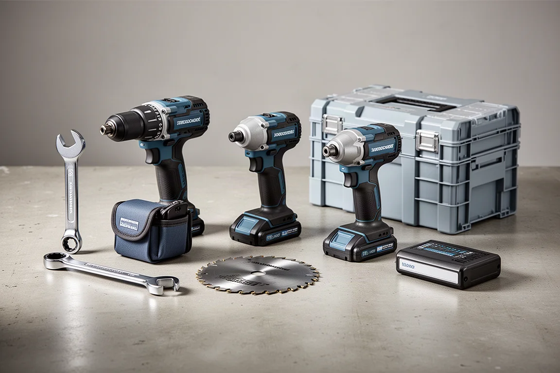 Cordless drill, pin nailer, ratchets, and storage boxes arranged on a concrete workshop surface