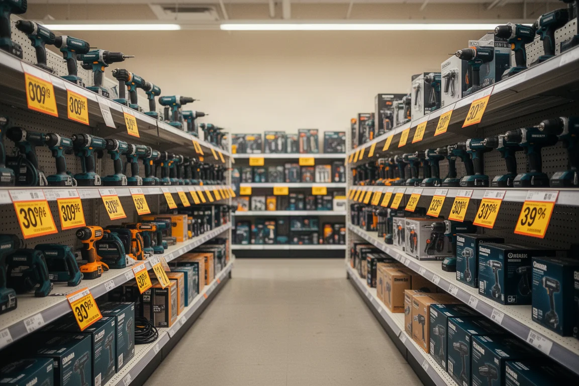 Hardwareストアのパワーツール在庫一掃コーナーに並ぶ割引価格タグ
