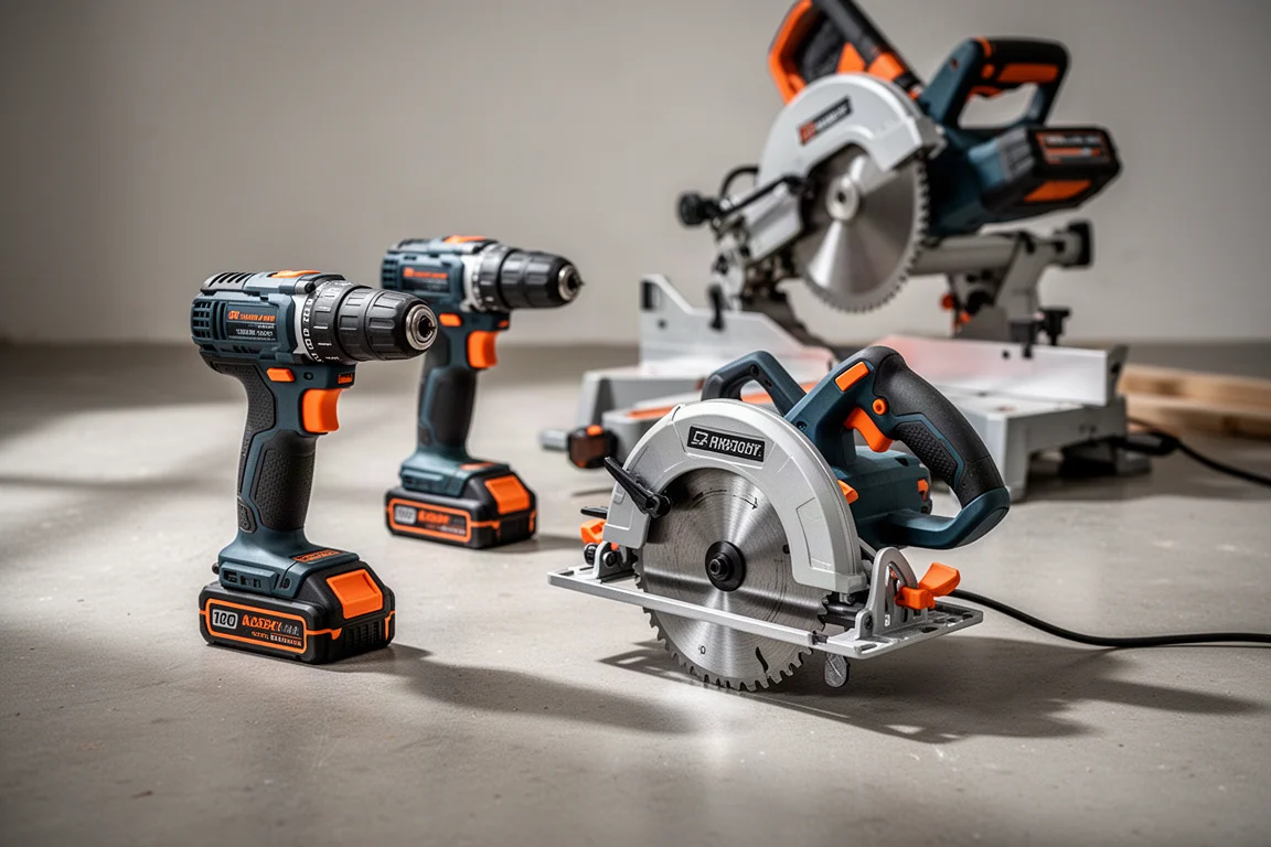 Assortment of cordless power tools on a concrete workshop floor