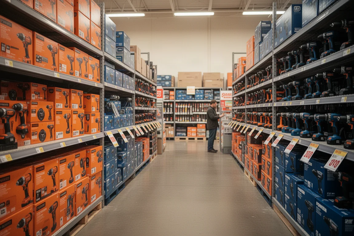 Un contratista recorre un pasillo de la tienda lleno de herramientas eléctricas en liquidación