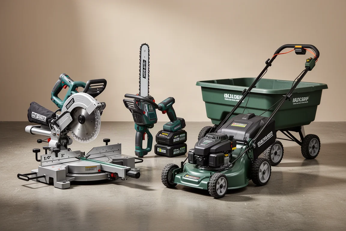 Miter saw, cordless chainsaw, battery mower, and poly yard cart on a concrete floor