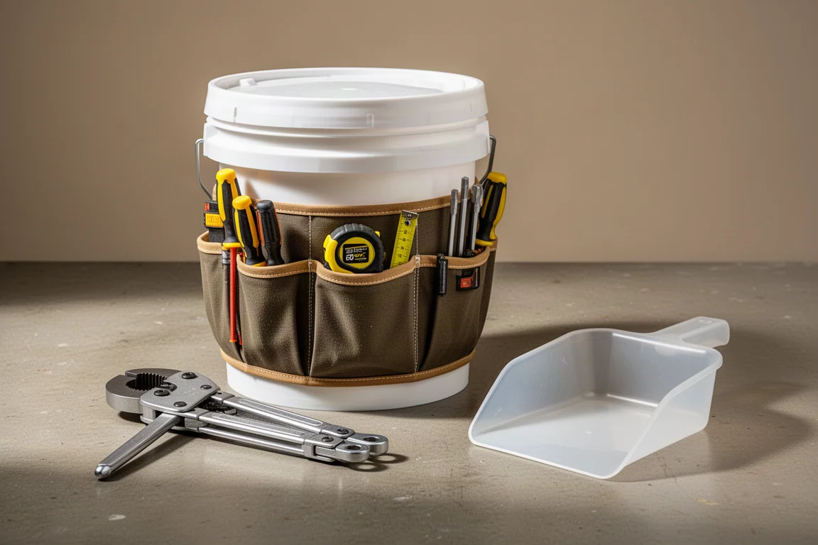 Bucket with tool organizer skirt, folding pipe cutter multi-tool, and bucket scoop on concrete