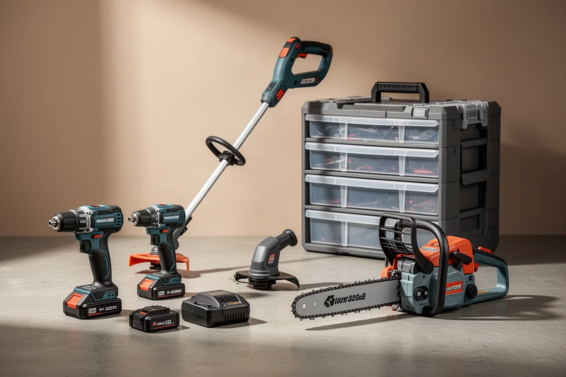 Assortment of cordless power tools and storage boxes arranged on concrete