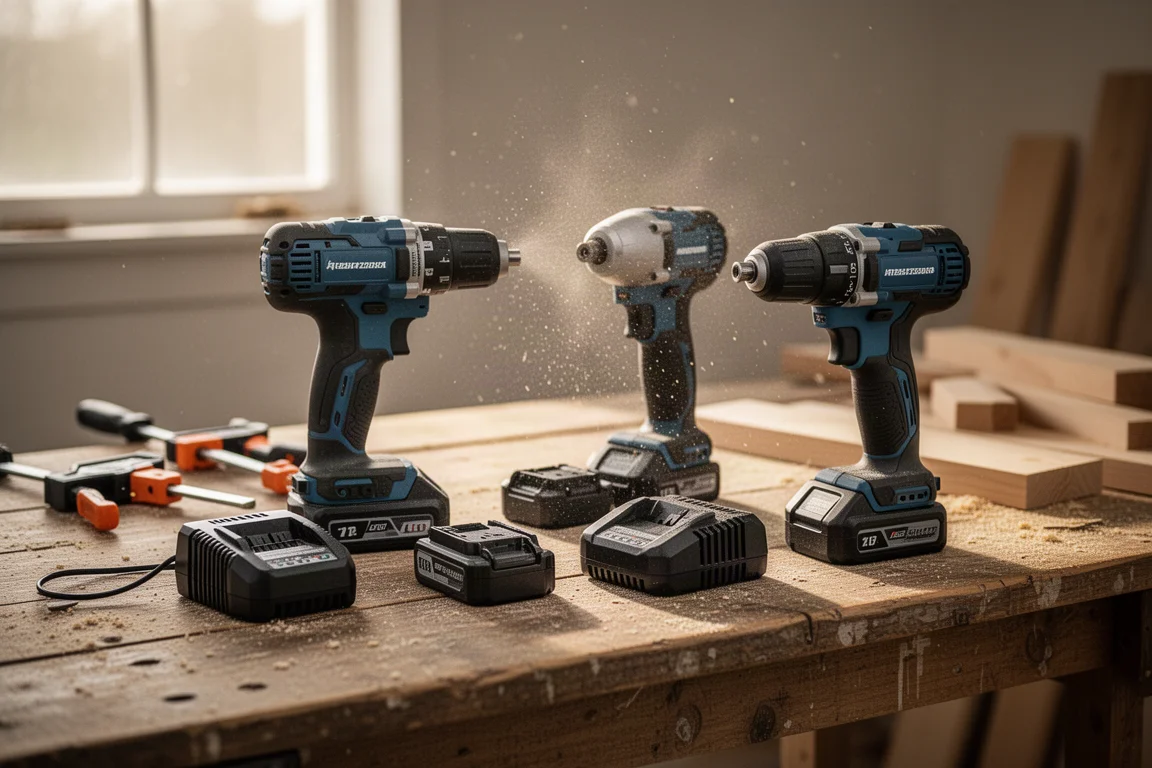 Un trapano a batteria che avvita una vite su una banca da lavoro in legno