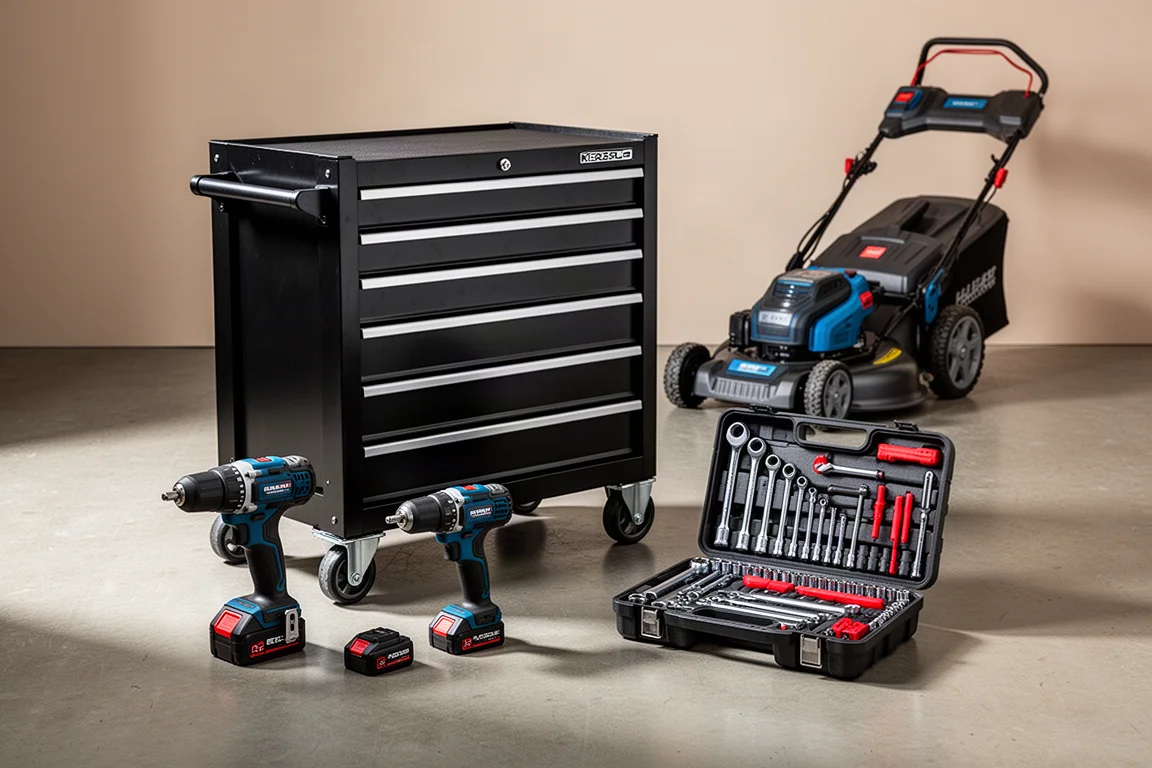 Lawn mower, drill, pressure washer, and tool chest arranged on a concrete surface