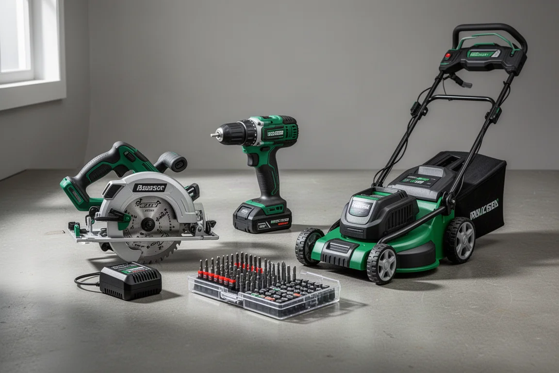Cordless saw, drill combo kit, bit set, and mower arranged in a hardware store aisle