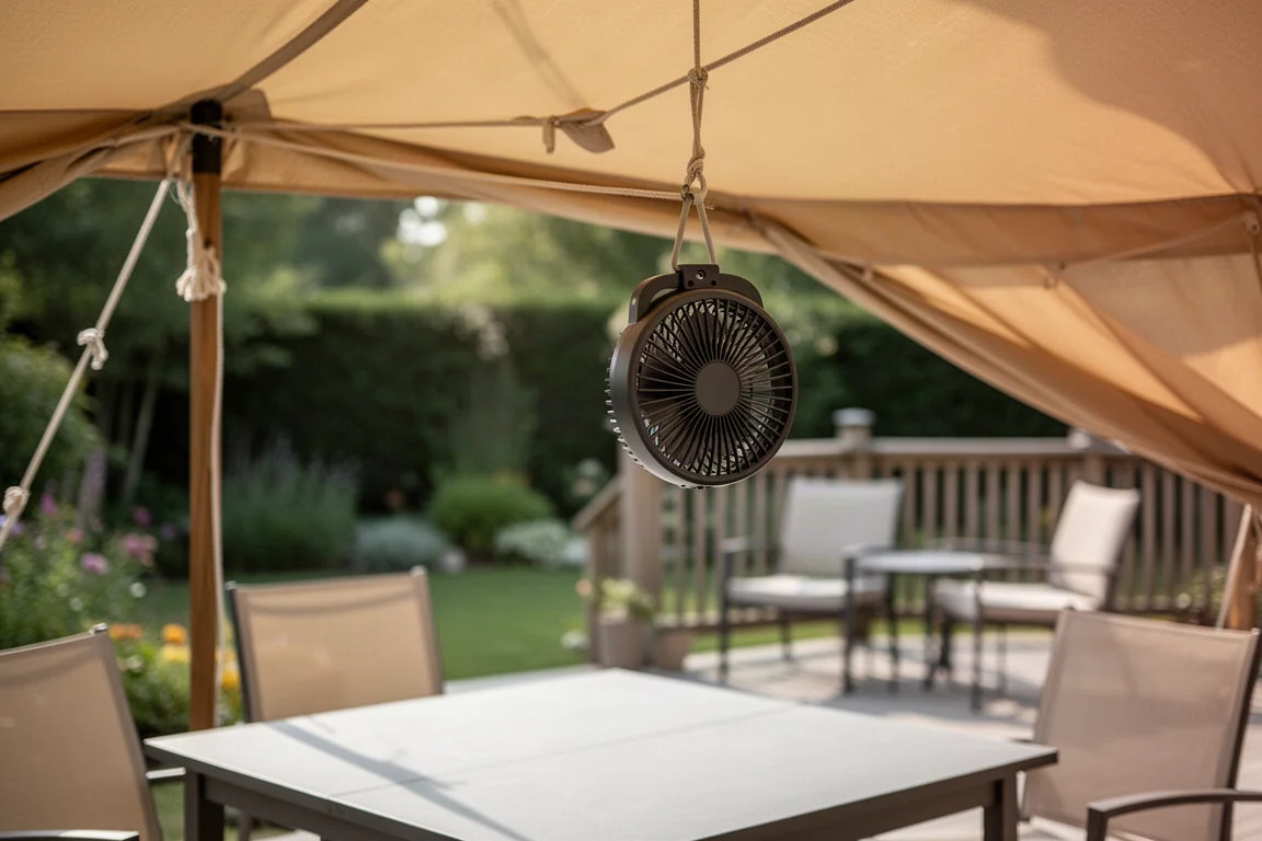 Ventilador portátil colgado bajo una carpa en un patio soleado