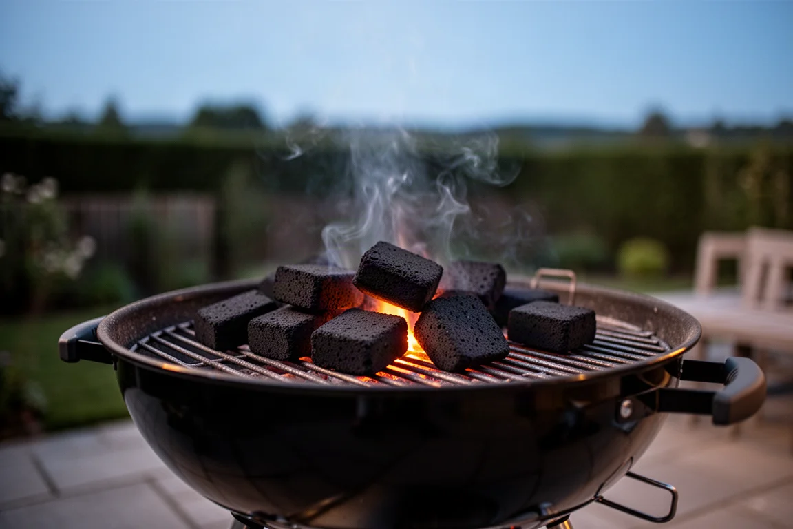 Briquetas de carbón encendidas en una parrilla en el patio trasero al atardecer