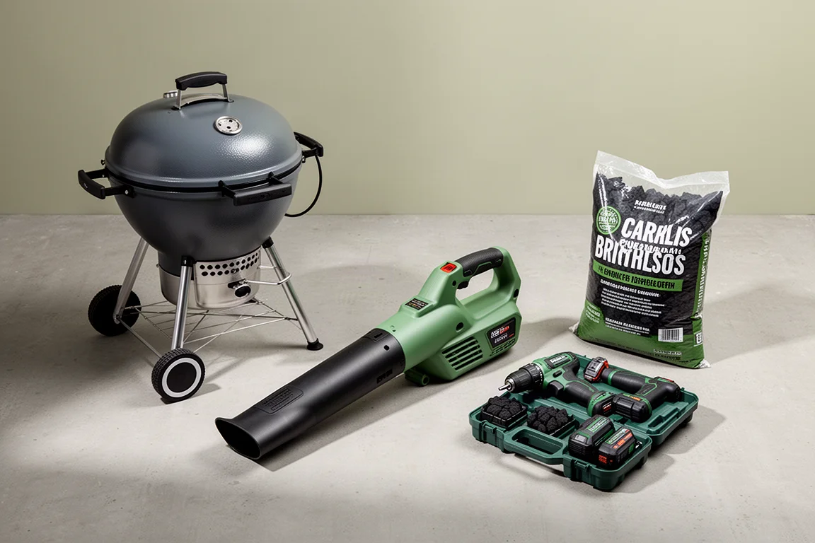 Pellet grill, leaf blower, drill kit, and charcoal bag arranged on concrete