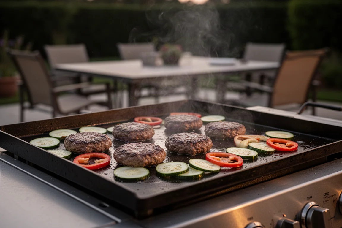 Hamburger e verdure che cuociono su una grande piastra da esterno al tramonto