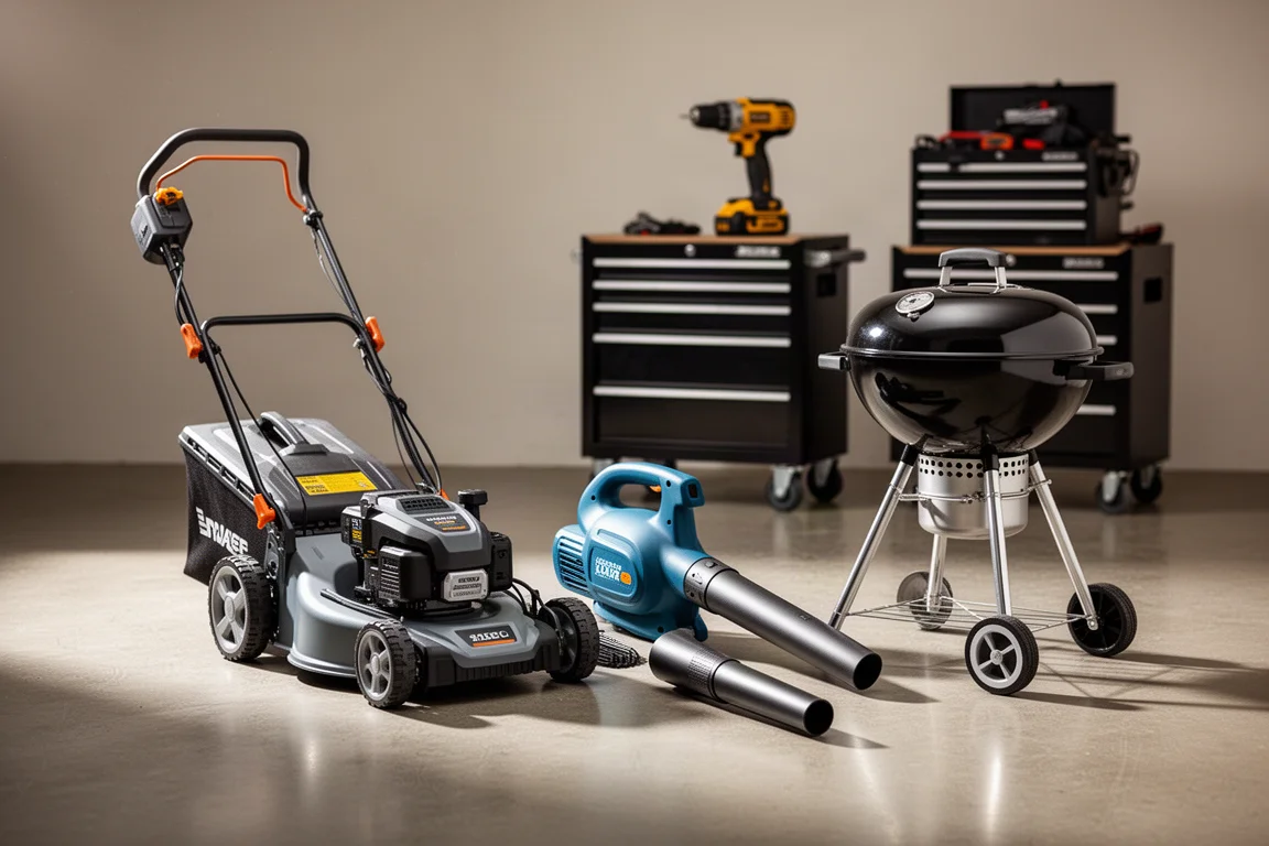 Cordless mower, blower, and charcoal grill grouped on a concrete surface
