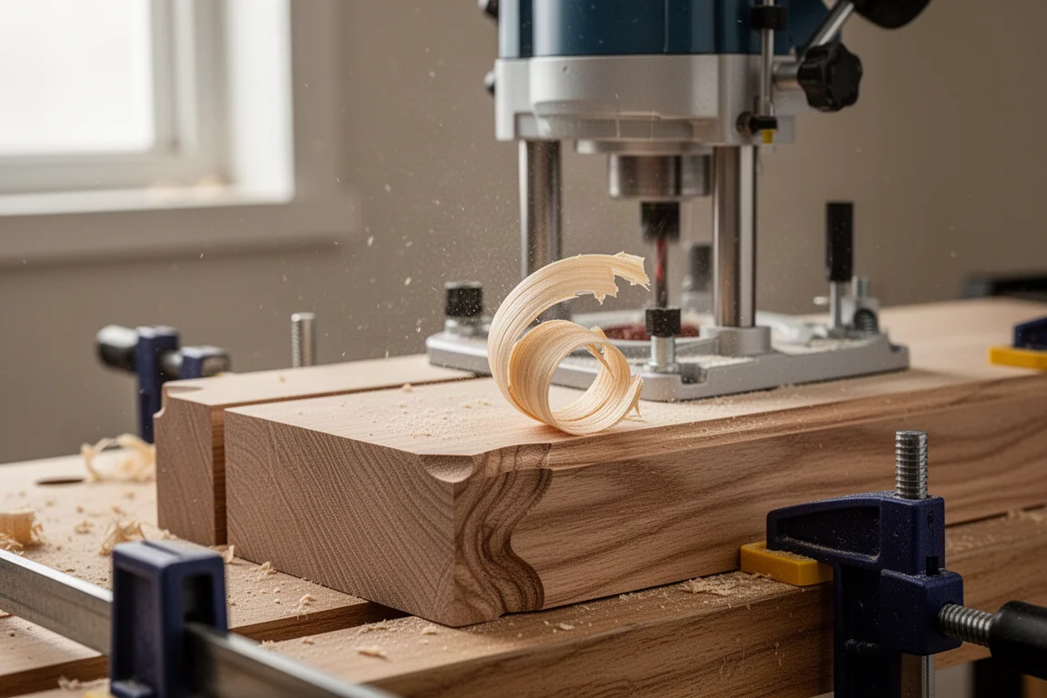 Fresadora perfilando el borde de una tabla de madera dura sobre un banco de trabajo