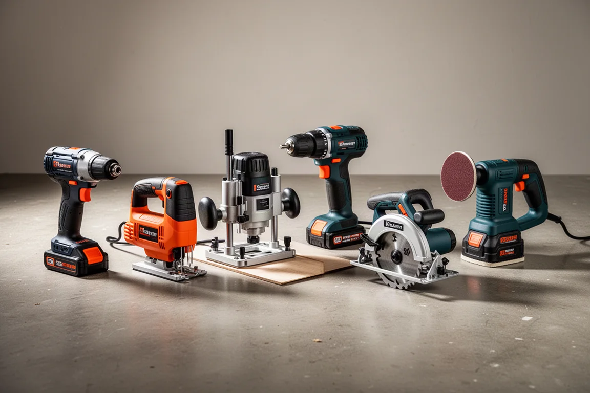 Six power tools arranged in a row on a concrete workshop floor