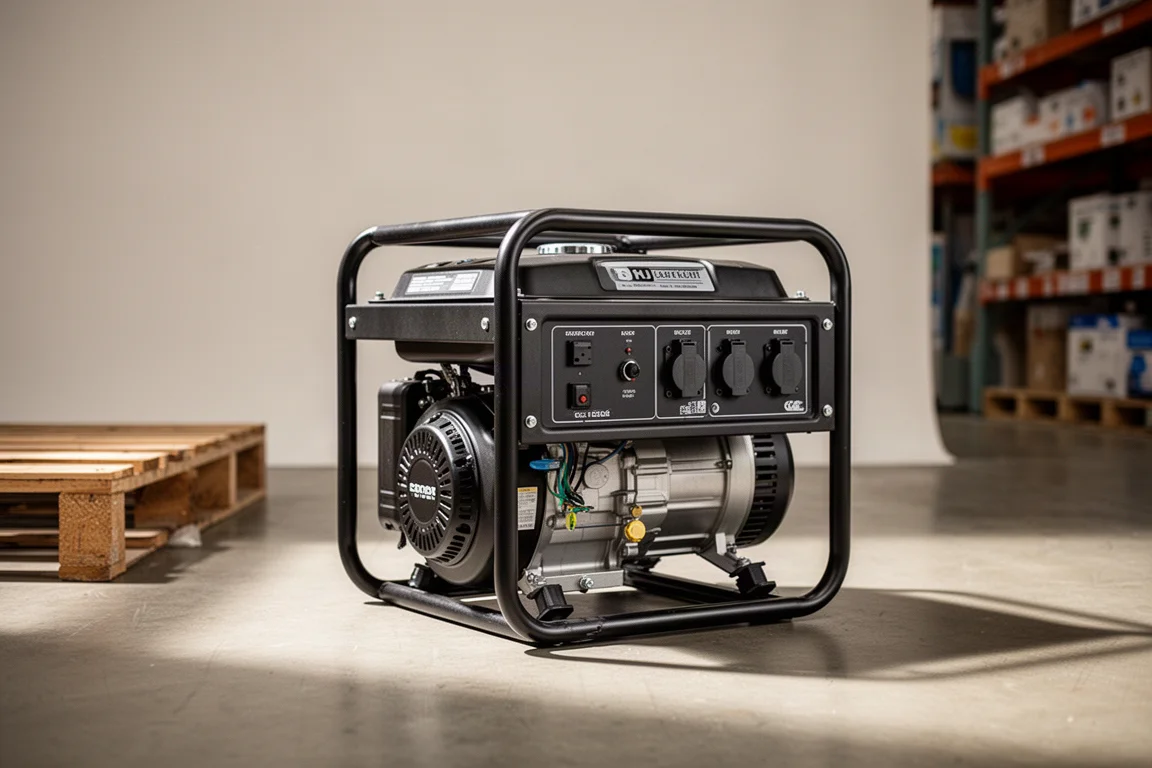 Portable gas generator on a warehouse outlet floor under soft lighting
