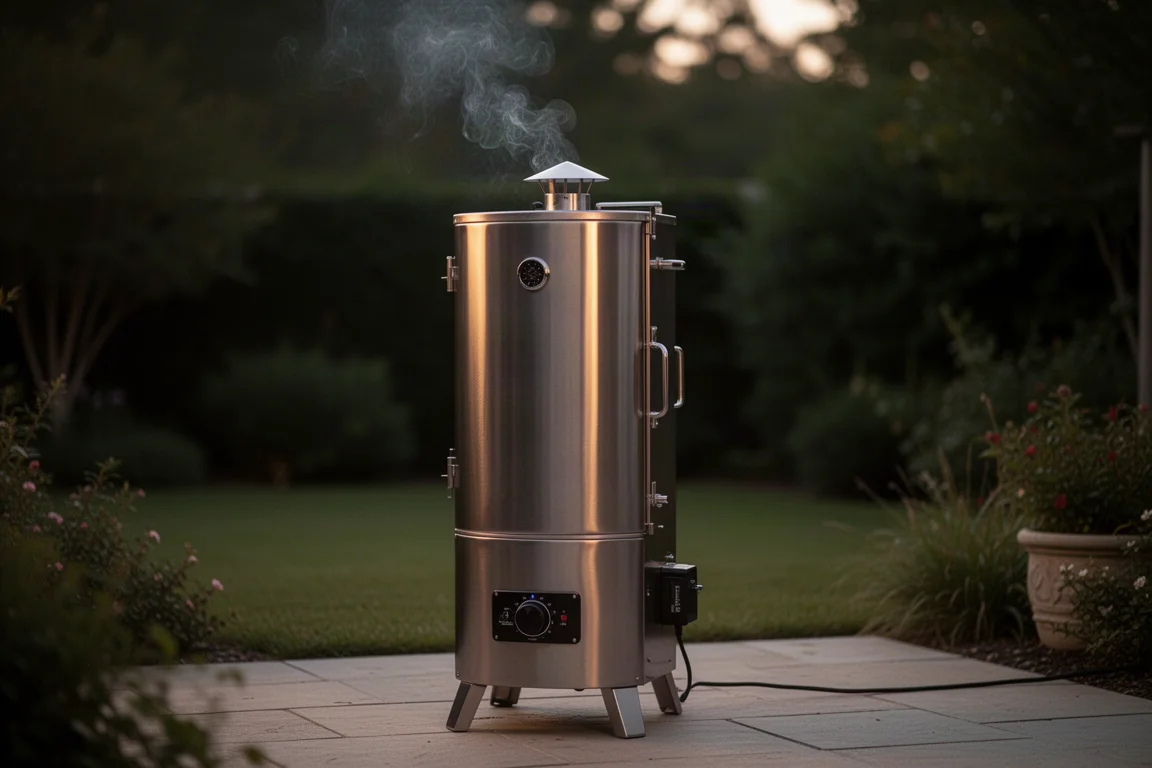 Backyard barbecue smoke drifting over a stainless electric smoker at dusk