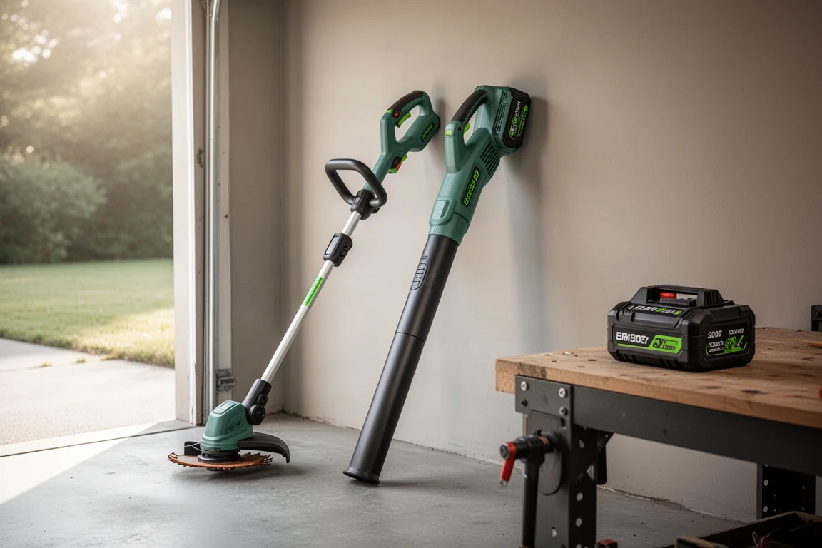 Cordless string trimmer and leaf blower leaning against a garage wall