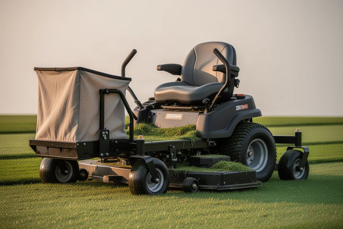 Zero-turn riding mower with a grass bagging attachment on a lawn