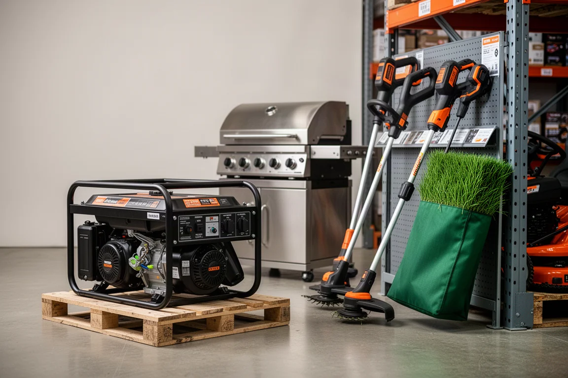 Portable generator, smoker, cordless yard tools and mower attachment displayed in a warehouse outlet