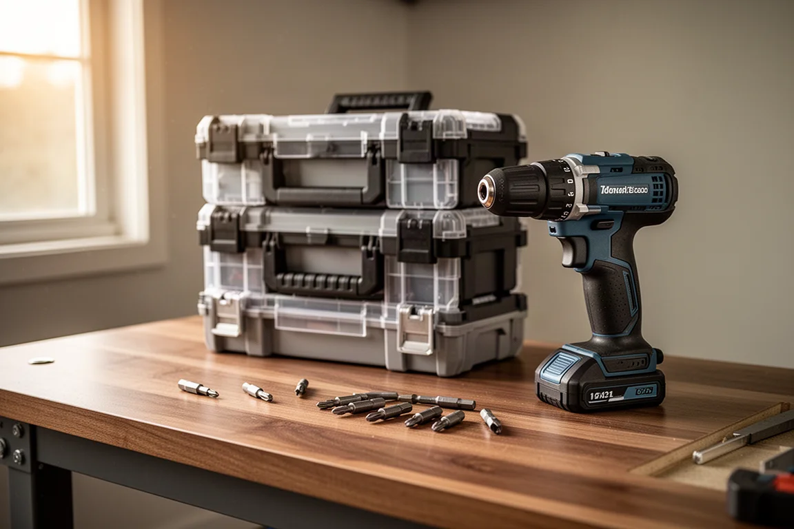 Organized storage cases and a cordless drill on a garage workbench