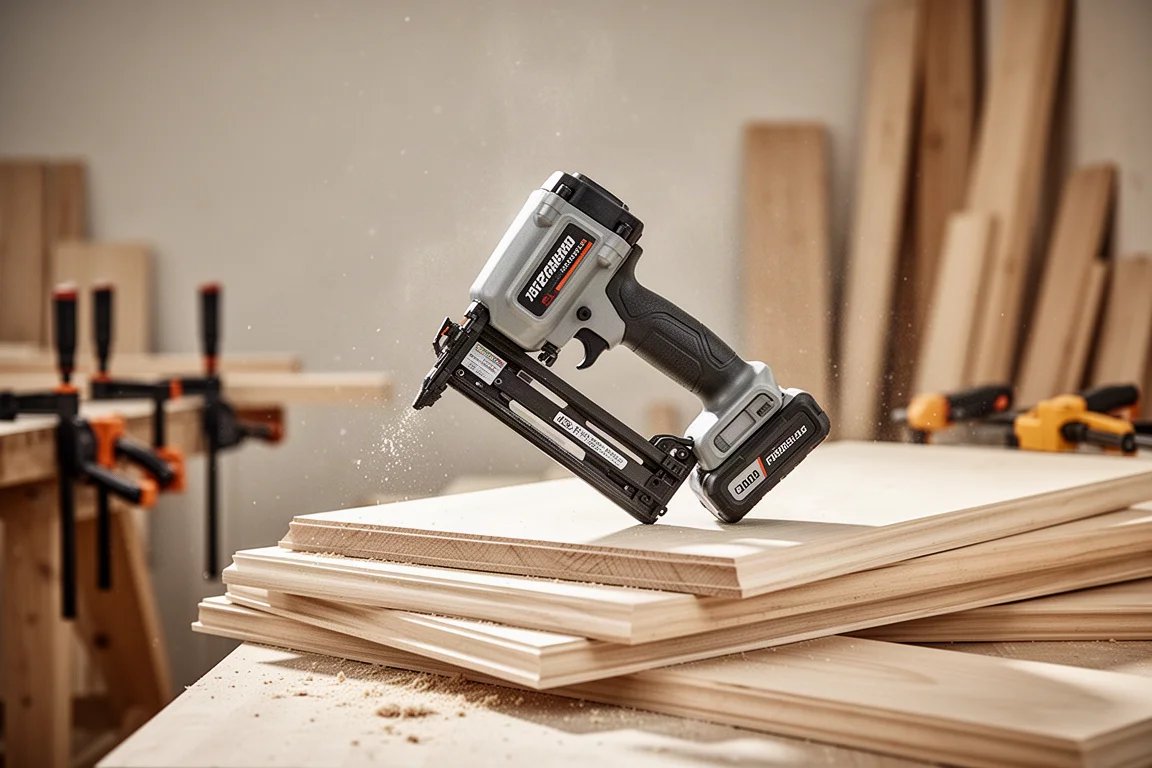 Cordless finish nailer resting on stacked trim boards in a workshop