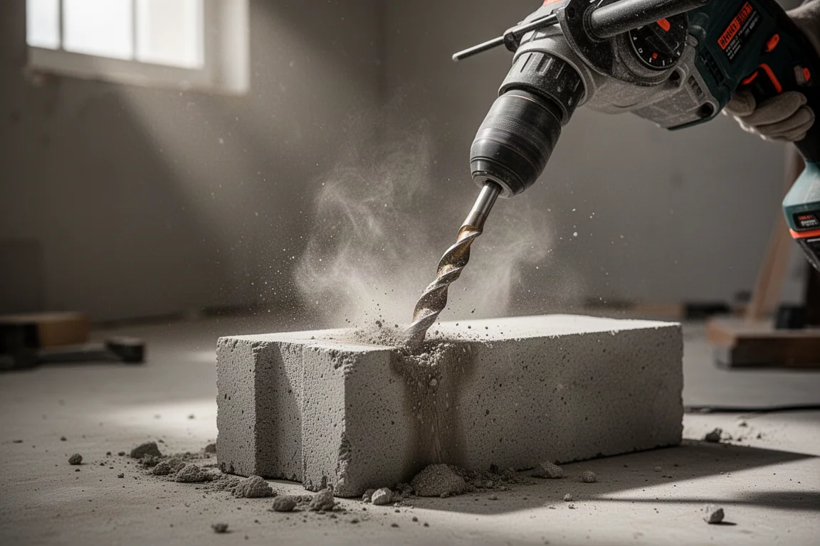 Rotary hammer boring into concrete with dust drifting in workshop light