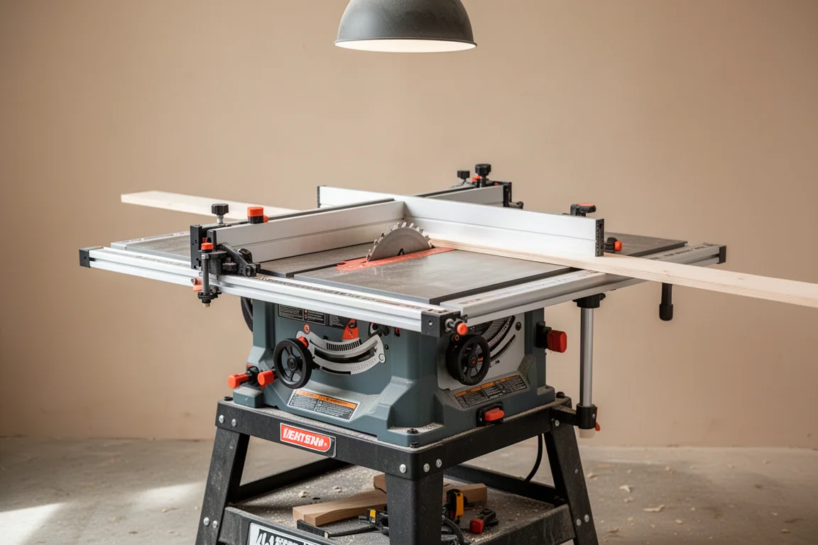Contractor-grade table saw with extended fence in a wood shop