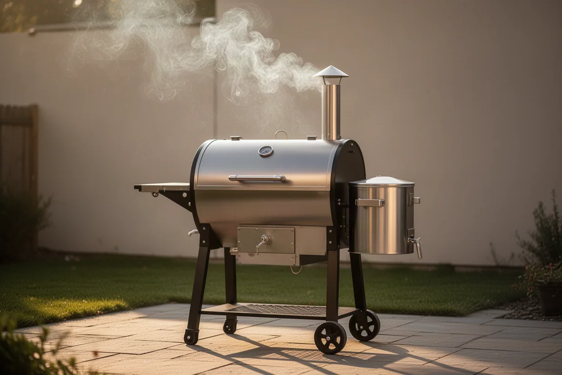 Pelletgrill raucht auf der hinteren Terrasse in der goldenen Stunde