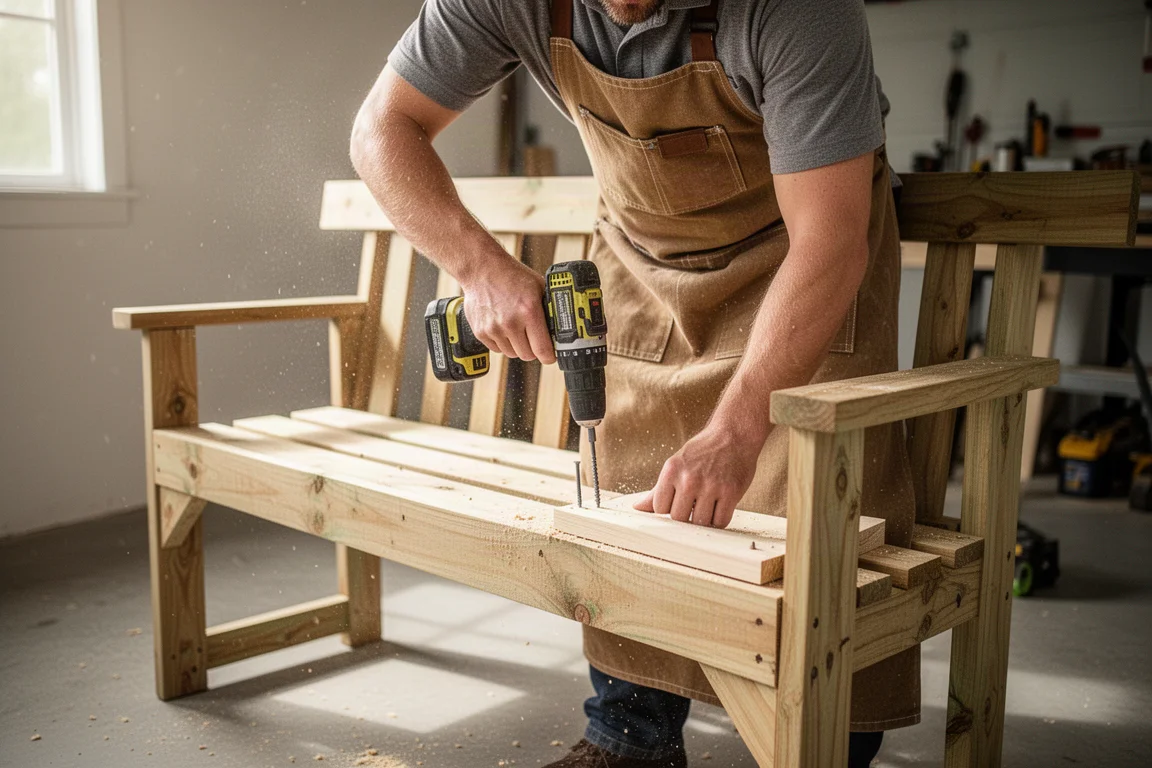 Weekend-DIY'er die een houten bank in elkaar zet met een accuboormachine