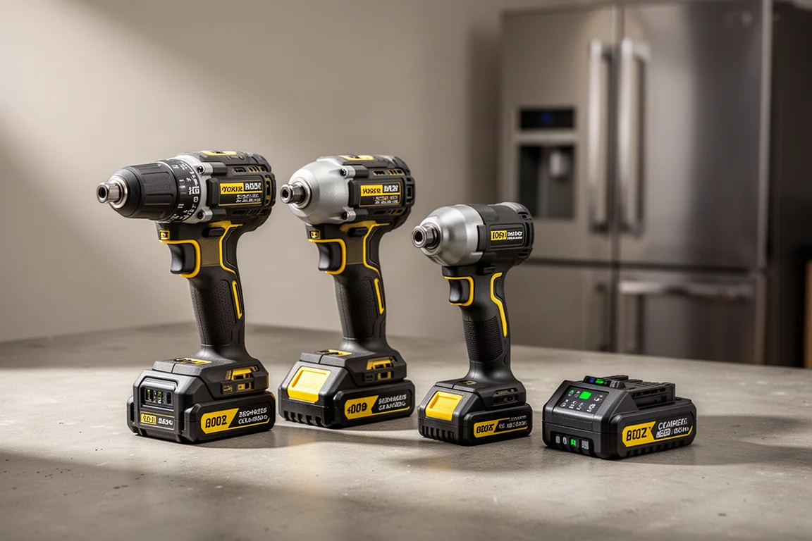 Cordless power tools and battery packs arranged on a workshop surface